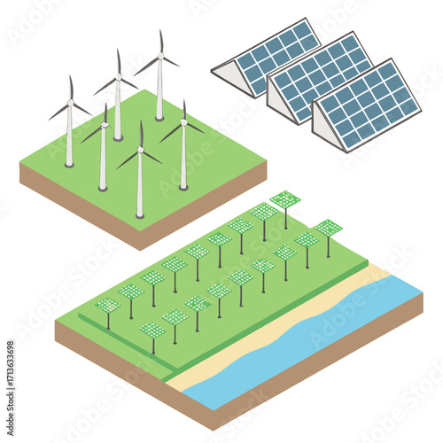 Vector art of isometric illustration of renewable energy sources including wind turbines, solar panels on a roof, and solar farm by the water