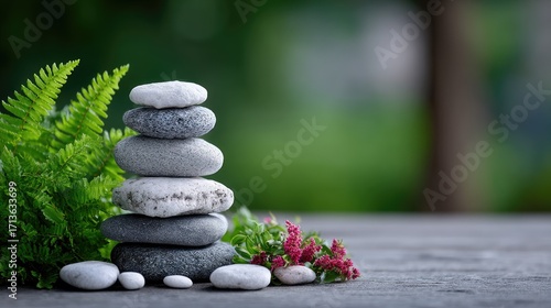 Balanced Stack of Zen Stones with Fern Leaves and Pink Flowers on Rustic Wood Surface in Serene Garden Setting
