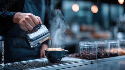 Barista Pouring Coffee from Silver Pitcher into Blue Mug in Cafe with Steaming Aroma and Beans