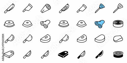 Collection of butcher knives meat cuts and canned goods in a simple outline style vector illustration