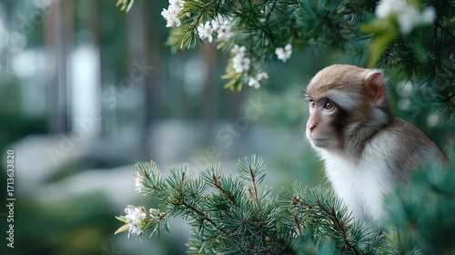 Barbary Macaque Partially Obscured by Evergreen Branches in Forest Setting with Bokeh Background