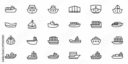 Collection of various ship icons in outline style representing different types of maritime vessels and boats