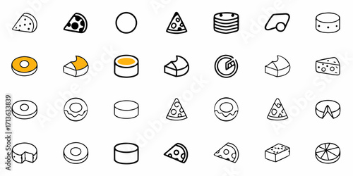 Collection of various cheese and pizza icons in black outline on a white background arranged in a grid