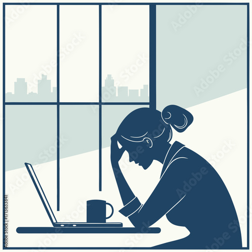 Vector art of silhouette of a woman looking stressed at her laptop in front of a window with a city skyline view