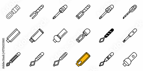 Collection of fifteen stylized hand tools with varying shapes and designs arranged in rows and columns