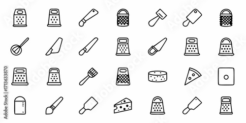 Collection of kitchen tools including graters knives and other utensils arranged in a grid pattern
