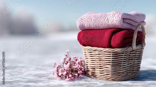 Basket with Red Knitted Clothes and Small Pink Flowers with a Snowy Blurred White Background