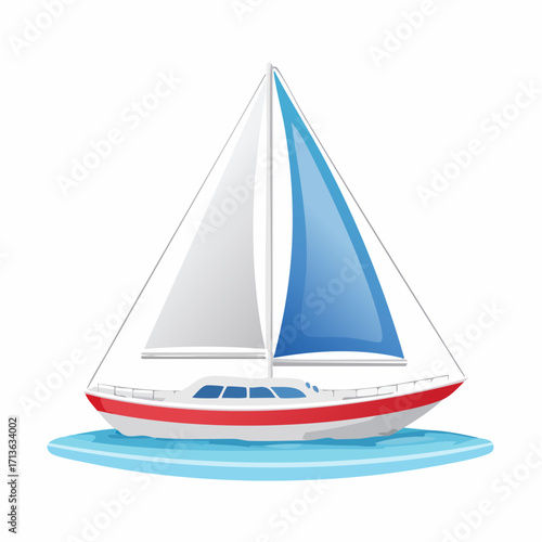 Sailing yacht floats on calm water with vibrant sails