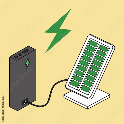 Vector art of portable solar panel charging a power bank with a lightning bolt symbol indicating energy transfer