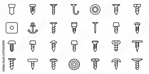 Illustration of various fasteners including screws bolts and other hardware in a line art style