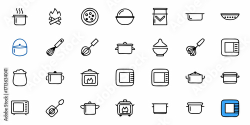 Collection of kitchenware icons featuring pots pans whisks and cooking appliances in a simple line style