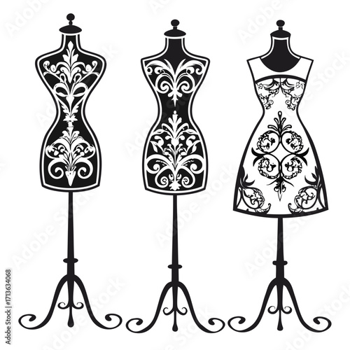 Vector art of three vintage mannequins with ornate black and white patterns