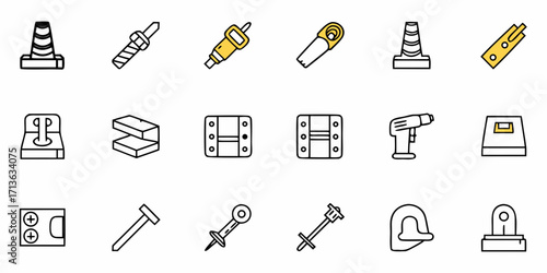 Illustration showing various construction and handyman tools and equipment in a simple outline style