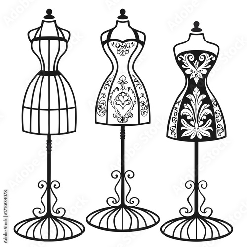 Vector art of three vintage dress forms with ornate bases and stands