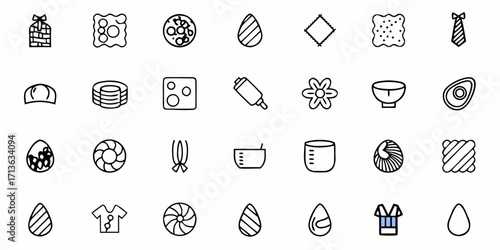 Collection of various outline icons including food items and kitchen utensils neatly arranged in rows