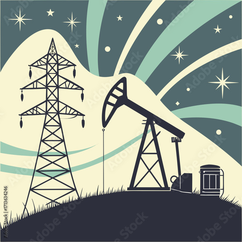 Vector art of silhouette of an oil pump jack and power line tower against a stylized aurora borealis sky