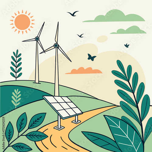 Vector art of renewable energy landscape with wind turbines and solar panels on rolling hills under a sunny sky