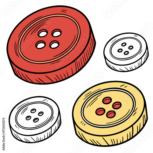 Vector art of a collection of four sewing buttons, two colored red and yellow, and two outlined in black and white