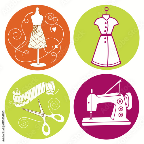 Vector art of set of four circular icons representing sewing and dressmaking a mannequin with a skirt, a dress on a hanger, a tape measure and scissors, and a sewing machine