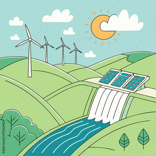 Vector art of renewable energy sources including wind turbines, solar panels, and a hydroelectric dam on a sunny day with rolling green hills