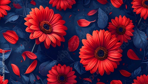 A vibrant display of vivid red gerbera daisies, dark navy blue leaves, and scattered petals, creating a beautiful and dramatic floral design.