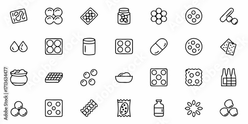 Collection of different food and medicine icons including pills drops and containers in outline style