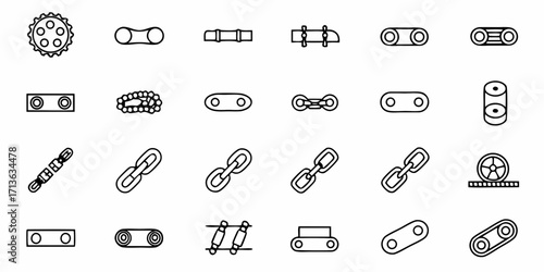 Illustration of various mechanical chain and link components including gears rollers and connecting pieces shown