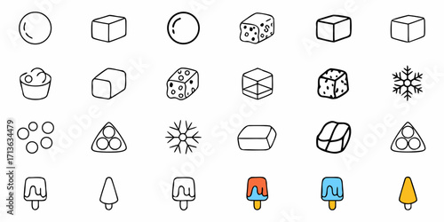 Illustration of various geometric shapes and objects including spheres cubes and ice cream treats in a grid