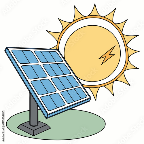 Vector art of a solar panel tilted towards a bright sun with a lightning bolt symbol, representing renewable energy