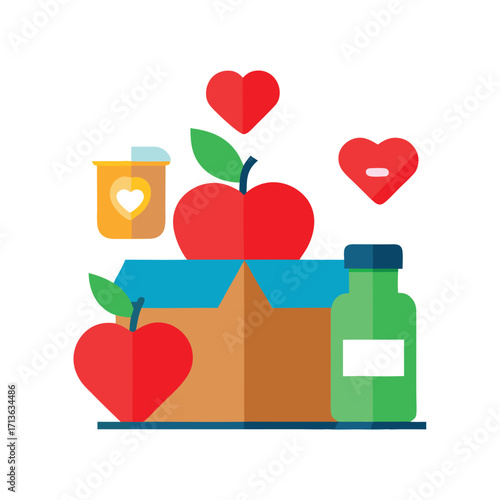 Food Donation Box With Apples Hearts and Bottle On White Background vector illustration