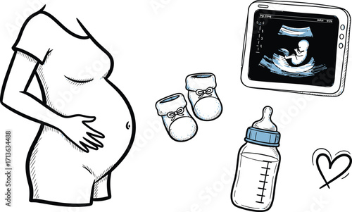 A drawing of a pregnant woman with baby items including ultrasound, bottle, shoes, and a heart symbol