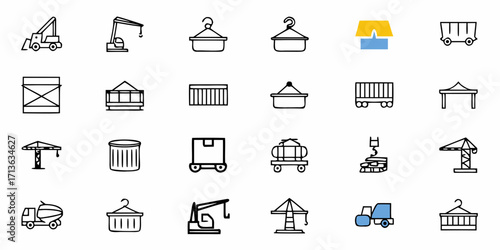 Illustration of various industrial and construction equipment and transportation containers in black outline