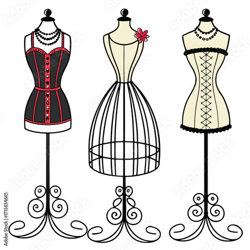 Vector art of three vintage mannequins with corsets and skirts