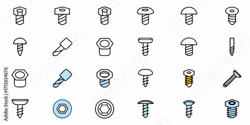 Illustration of various types of screws bolts and drill bits arranged in a grid pattern on a white background