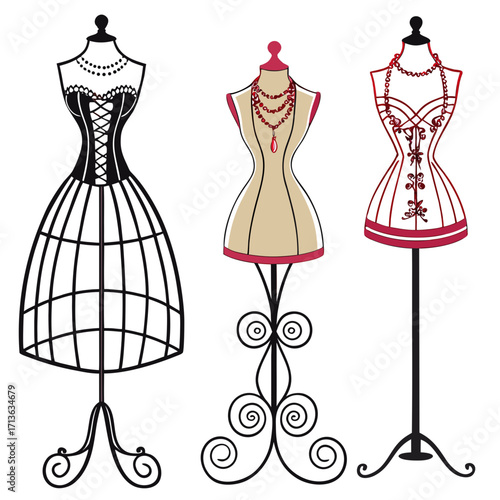 Vector art of three vintage fashion mannequins with necklaces