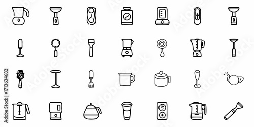 Collection of kitchen appliances and tools including blenders, kettles, and various utensils in black outline