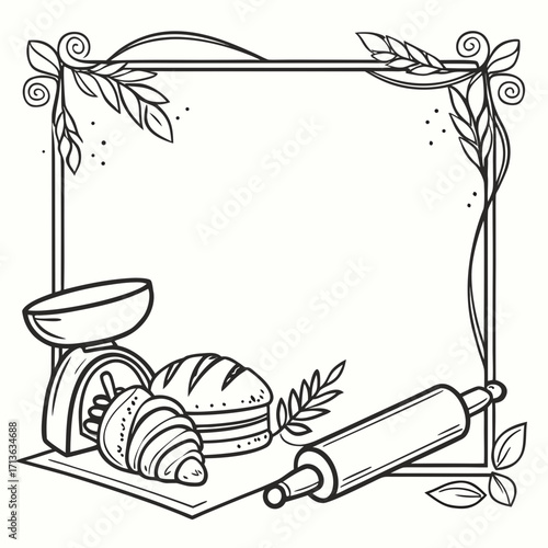 Vector art of handdrawn illustration of baking elements including a rolling pin, croissant, bread, and scales