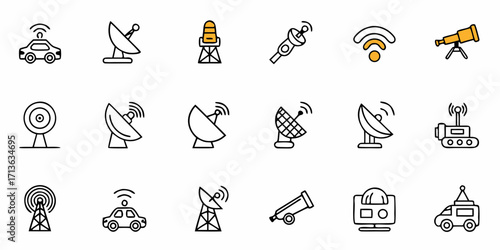 Illustration showing various communication and observation devices such as antennas and telescopes in black outline