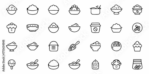 Collection of various food items in bowls containers and other forms depicted as line art icons