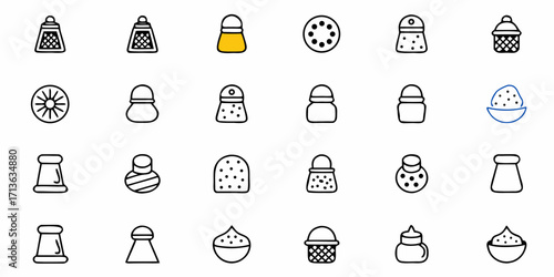 Collection of twenty four different condiment containers in a grid pattern with black outline