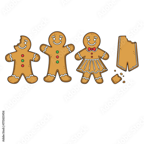 Gingerbread man and woman cookie vector illustration set, Cute Christmas gingerbread cookies whole and bitten, Holiday sweet food clip art with gingerbread characters.