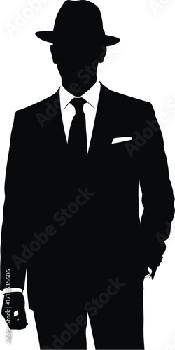 Black suited man wearing hat vector silhouette