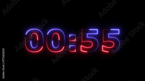 Neon one Minute Digital Timer. 1 Minute Digital Negative Countdown.Glowing neon 1 minute countdown animation from 60 to 0 seconds.60 second countdown timer, Countdown video with alpha channel.4k