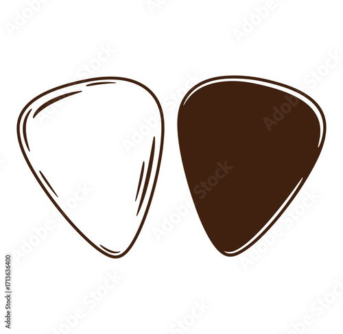 Vector illustration depicting two hand drawn style guitar plectrums in outline and solid fill