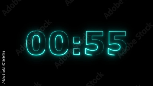 Neon one Minute Digital Timer. 1 Minute Digital Negative Countdown.Glowing neon 1 minute countdown animation from 60 to 0 seconds.60 second countdown timer, Countdown video with alpha channel.4k