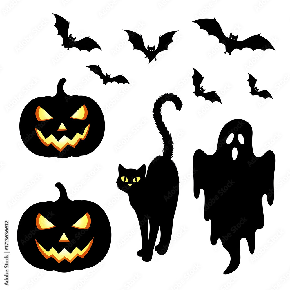 Naklejka premium Halloween icons pumpkins bats black cat and ghost silhouettes