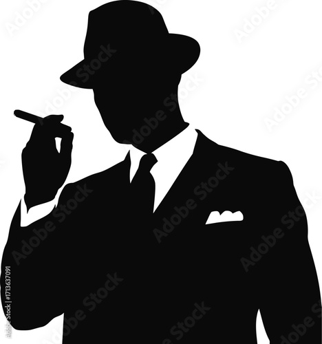 Man in hat smoking cigar vector silhouette