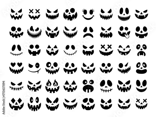 collection of halloween pumpkin faces vector silhouettes scary and funny jack o lantern expressions black design on white background concept of seasonal crafts decoration illustration