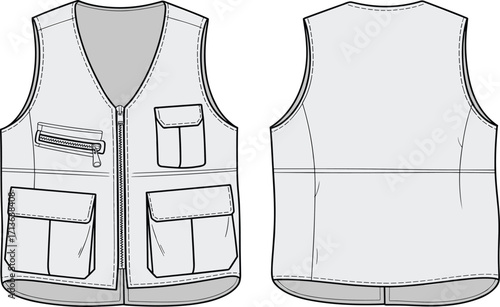 Cad drawing flat vector illustration of utility vest front and back view, fashion technical sketch, outdoor garment design