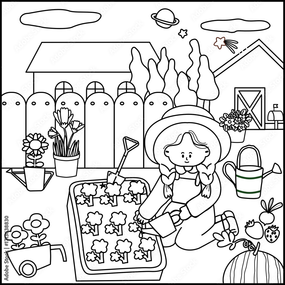 Obraz premium Cute girl cartoon, The girl is watering plants in the garden coloring page png, Drawn png cute girl in the garden for summer, element in the garden, hand drawn png set